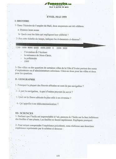 Sujet et corrigé d'Eveil au milieu concours d’entrée à l'EMPT Bingerville 1999