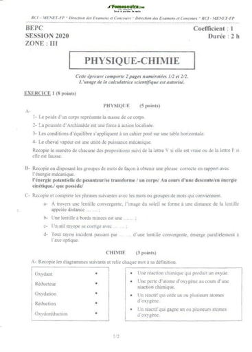BEPC 2020 Physique-Chimie Zone 3