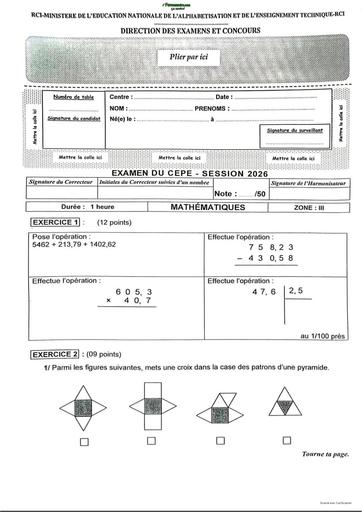 Sujet CEPE 2026 Maths zone III Côte d'Ivoire By TEHUA