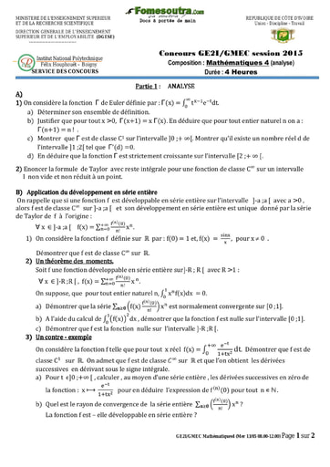 Sujet de Mathématique 4 concours GE2I/GMEC 2015