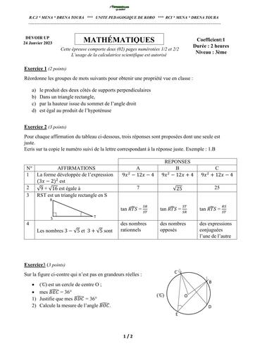 DEVOIR DE NIVEAU MATHS 3ième TRIMESTRE 2 TOUBA BY TEHUA