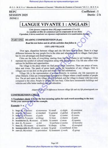Preuve et Corrigé d’Anglais – BEPC Session 2025 Zone 1