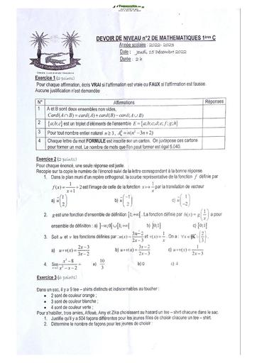 Sujets de mathématiques Première C Lycée Classique Abidjan 23