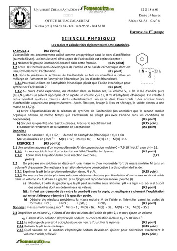 Sujet de Physique-chimie des BAC S1 S3 2012 - Sénégal