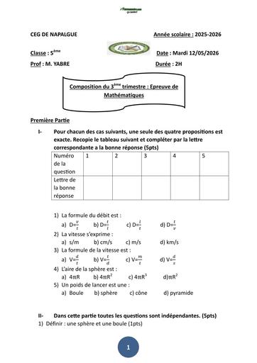 COMPOSITION DE MATHS NIVEAU 5ième TRIMESTRE 3 CEG DE NAPALGUE by TEHUA