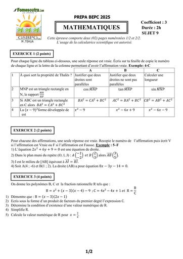 PREPA BEPC 2025  MATHS FICHE 9 BY TEHUA