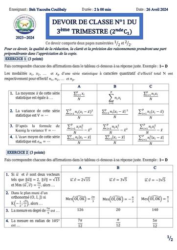 DEVOIR DE CLASSE N°1 DU TRIMESTRE 3 ( 2nde C1) by Tehua