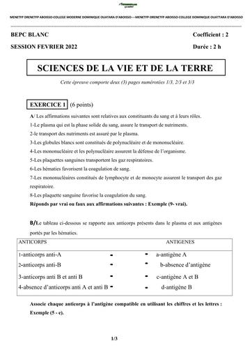 BEPC BLANC 2022 INTERNE SUJET DE SVT CMDO BY TEHUA