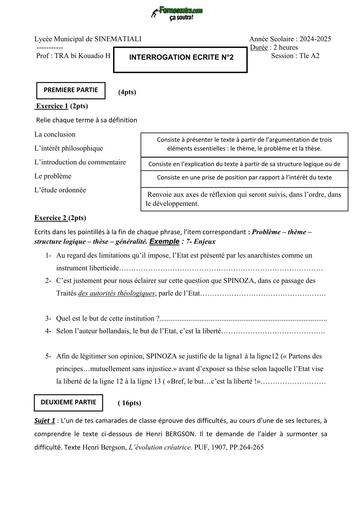 INTERROGATION ECRITE N°2 DE PHILO Tle A2 Lycée Municipal de SINEMATIALI by TEHUA