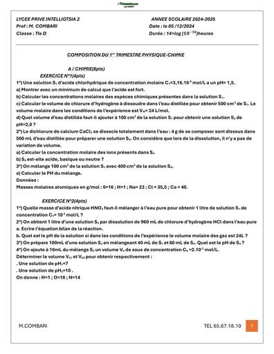 SUJET PC Tle D TRIMESTRE 2 LYCEE PRIVE INTELLIGTSIA 2 2025 BY TEHUA