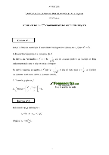 Corrigé 2ème épreuve de maths ITS A 2011 (ENSAE - ISSEA)