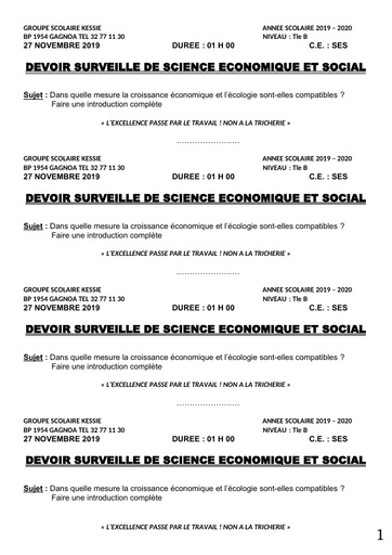 Tle B SCIENCE ECONOMIQUE ET SOCIAL du 27 NOVEMBRE 2019 DUREE