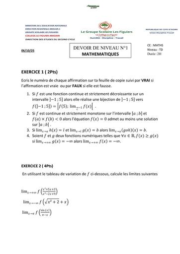 DEVOIR DE MATHS N°1 niveau Tle D SUJET ATADE by TEHUA