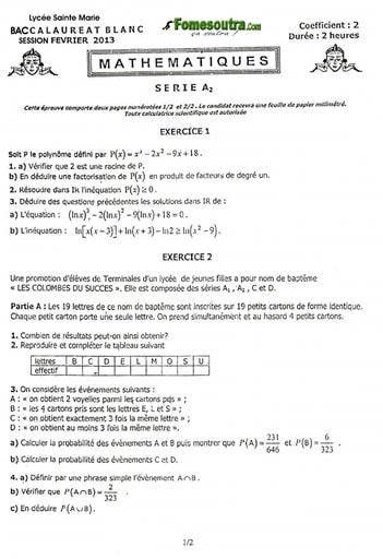 Sujet Maths BAC blanc série A2 Lycée Sainte Marie de Cocody 2013