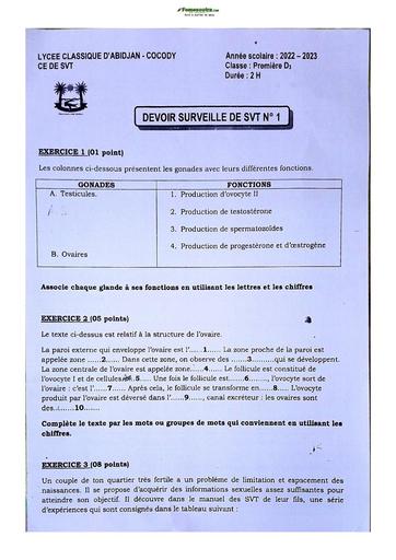 Sujet de SVT niveau Première D Lycée Classique Abidjan 2022-2023