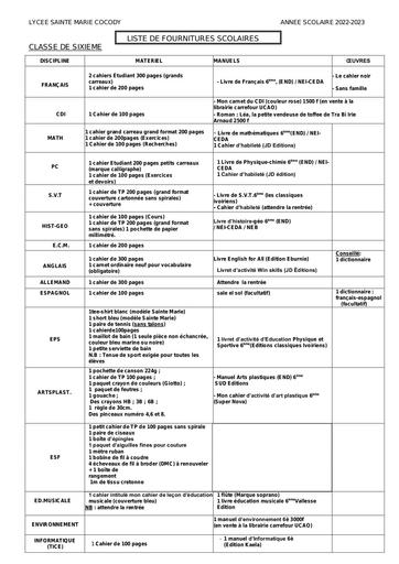 LISTE DE FOURNITURES 6e à la Tle 2024-2025 by Tehua