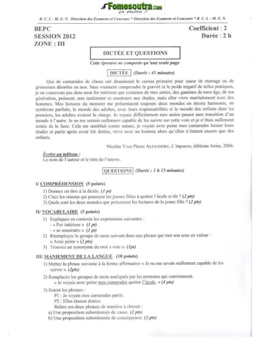 Sujet de dictée et questions BEPC 2012 Zone 3