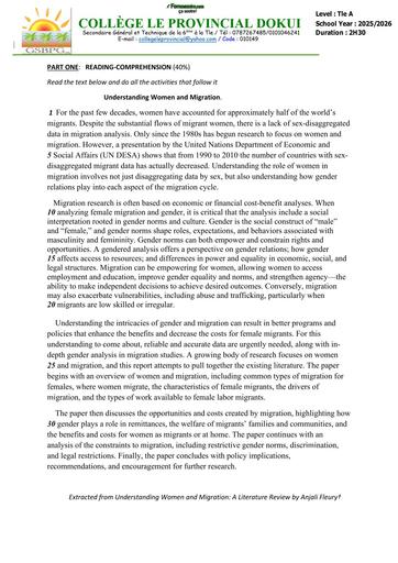 ENGLISH TEST 2 unit 1 Tle A Understanding Women and Migration by TEHUA