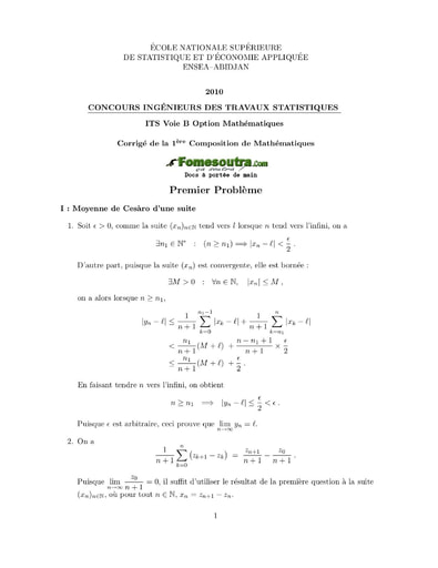 Corrigé 1ère épreuve de maths ITS B option Maths 2010 (ENSEA)