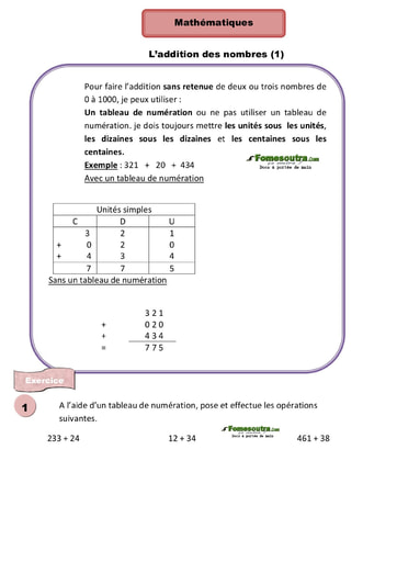 L’addition des nombres de 0 à 1000 (1) - Cours CE1