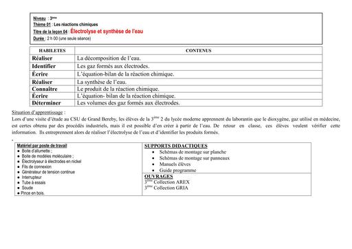 FICHE DE COURS PC 3ièm LECON 8 cours electrolyse et synthese de l'eau by TEHUA