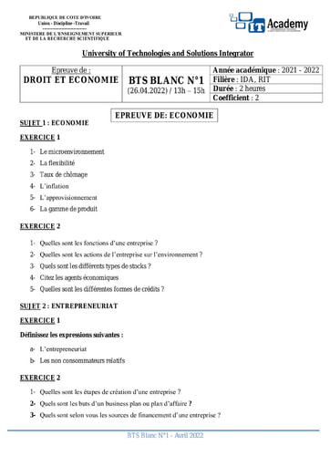 EPREUVE DE DROIT & ECONOMIE