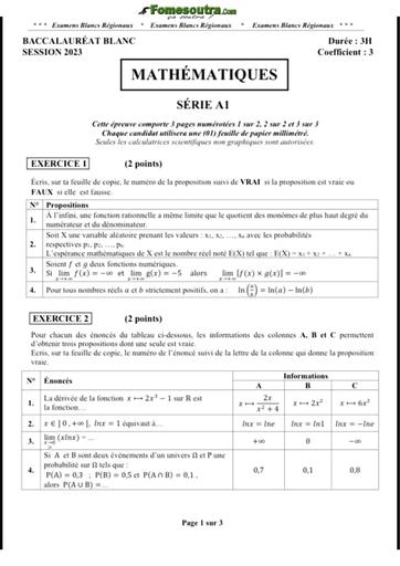 Bac blanc 2023 Maths Série A1&2 sujet+barème by Tehua