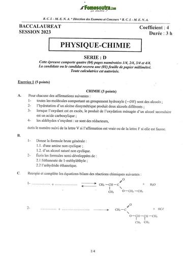 sujet PHYSIQUE CHIMIE serie D bac 2023 by Tehua+ bareme