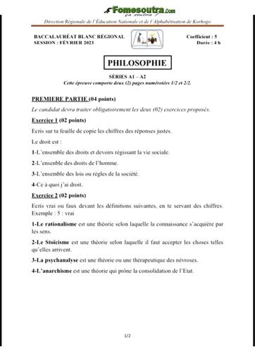 Bac blanc 2023 Philo Serie A1&2 dren Korhogo sujet+barème by Tehua