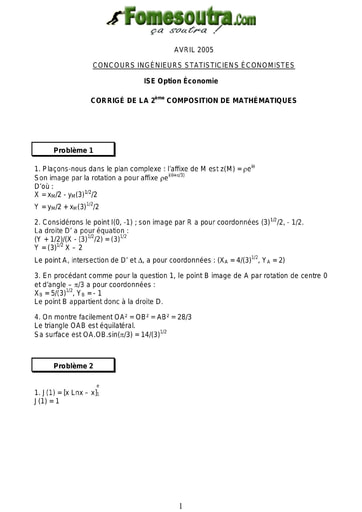 Corrigé 2ème épreuve de maths ISE option économie 2005 (ENSEA - ISSEA)