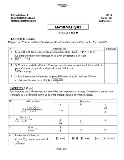 COMPOSITION DE FIN DE TRIMESTRE DE MATHS NIVEAU Tle D DECEMBRE 2023 UP13 by TEHUA