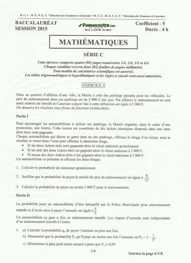 Sujet corrigé et barème de Maths BAC C 2015