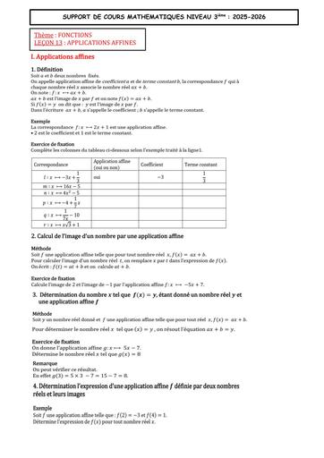 7 SUPPORT DE COURS MATHS 3ième LEÇON 13 APPLICATIONS AFFINES