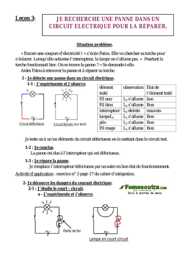 Leçon 3 : Je recherche une panne dans un circuit électrique pour la réparer - Cours physique 6eme