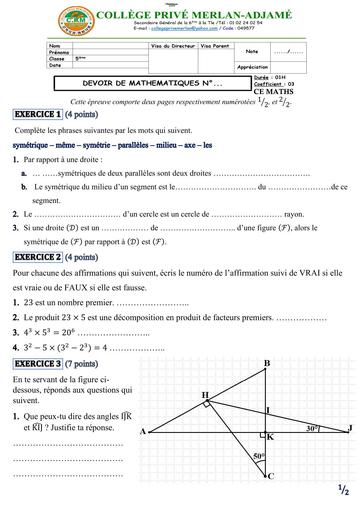 DEVOIR DE MATHS NIVEAU 5ième DU MOIS DE DECEMBRE 2025 MERLAN BY TEHUA