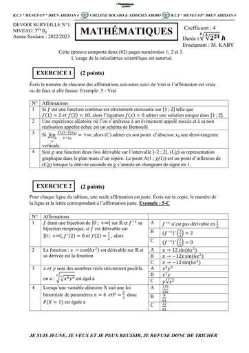 DEVOIR DE NIVEAU MATHS Tle D + BAREME TRIMESTRE 1 BOCABO BY TEHUA