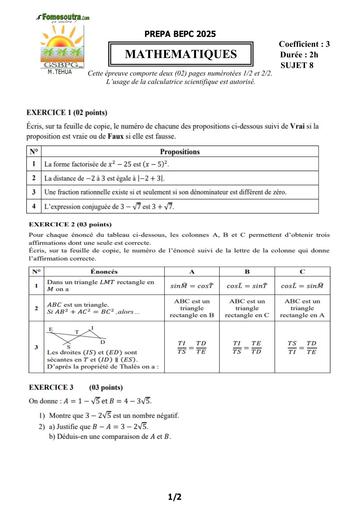 PREPA BEPC 2025  MATHS FICHE 8 BY TEHUA