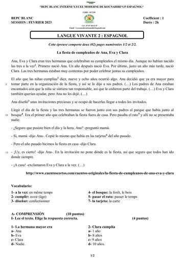 Sujet 3ième Espagnol BEPC Session Fevrier Lycée Moderne de Kounahiri By Tehua