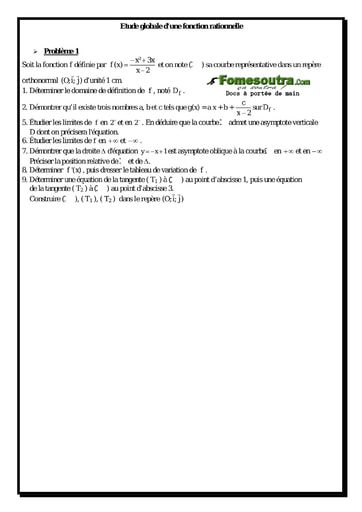 Problème (1) Etude globale d'une fonction rationnelle - Terminale D