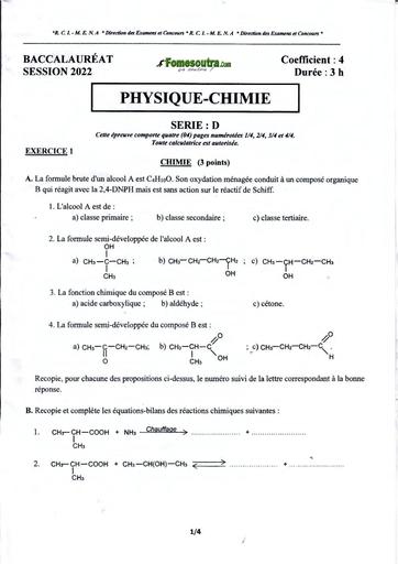 EPREUVE ET CORRIGE BAC 2022 PHYSIQUE CHIMIE SERIE D COTE D'IVOIRE avec bareme by TEHUA