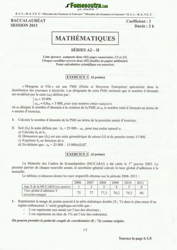 Sujet de Maths BAC A2 et H 2013