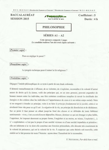 Sujet corrigé et barème de Philosophie BAC A1 A2 2015