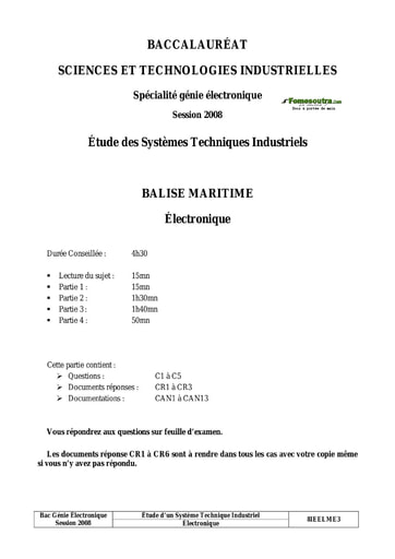 Sujet et corrigé Balise maritime - Étude des Systèmes Techniques Industriels - BAC 2008