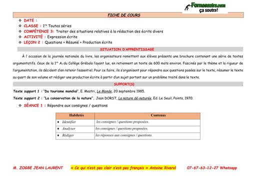 FICHE DE COURS Français RESUME DE TEXTE 1ière BY TEHUA
