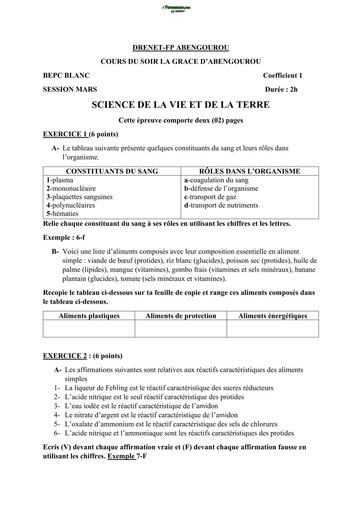 BEPC BLANC MARS 2024 SUJET DE SVT DRENA ABENGOUROU BY TEHUA