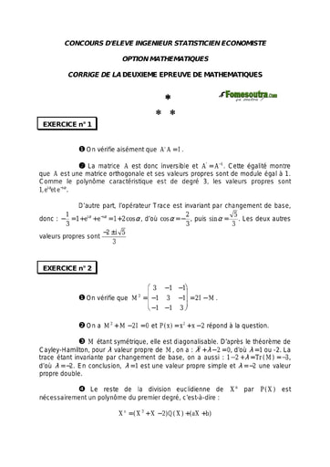 Corrigé 2ème épreuve de maths ISE option maths 1999 (ENSEA)