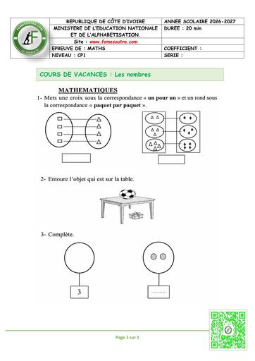 FICHE 1 CP1 MATHEMATIQUES Les nombres by TEHUA