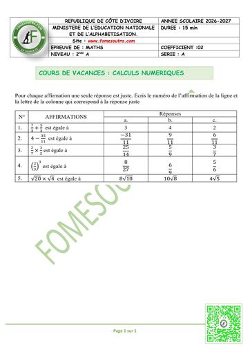 FICHE 1 MATHS 2nde A CALCULS NUMERIQUES BY TEHUA