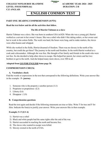 ENGLISH TEST Niveau 4ième DEVOIR COMMUN 2nd term THE LIFE OF HARRIET AS A SLAVE  by TEHUA pdf