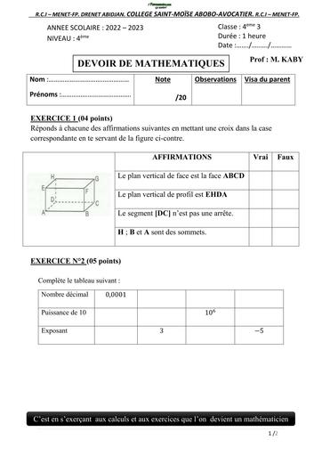 DEVOIR DE NIVEAU MATHS 4ième TRIMESTRE 1 SAINTE MOISE ABOBO 2023 BY TEHUA